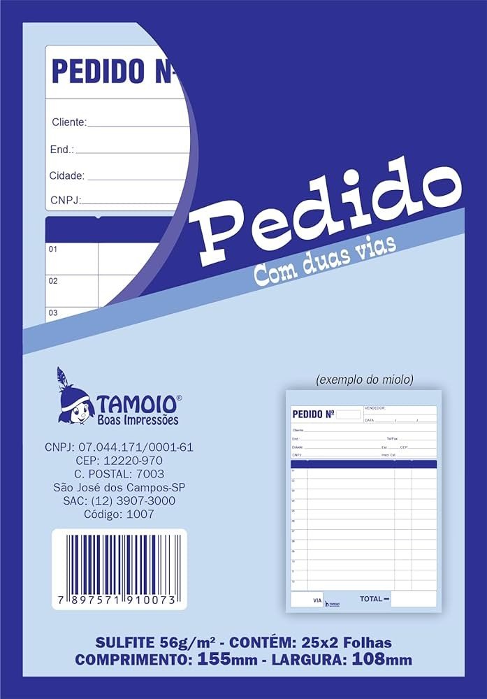 TALÃO DE PEDIDO (2 VIAS) - SULFITE 56G - CONTÉM: 25X2 FOLHAS - COMPRIMENTO: 155MM - LARGURA: 108MM