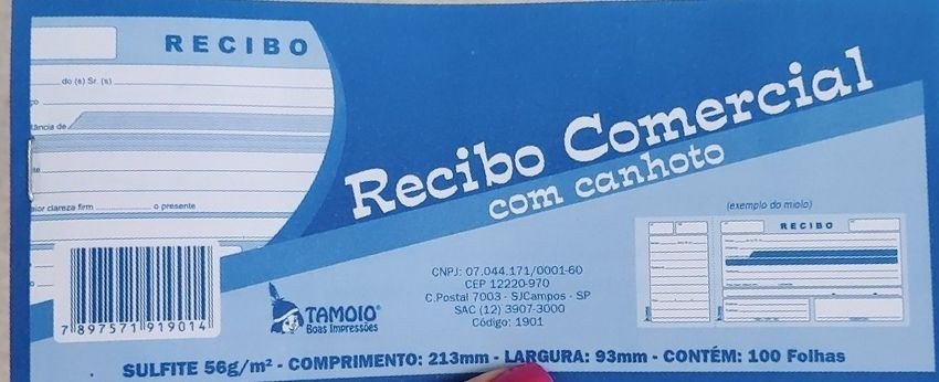 RECIBO COMERCIAL / COM CANHOTO - SULFITE 56G - COMPRIMENTO: 213MM - LARGURA: 93MM - CONTÉM: 100 FOLHAS