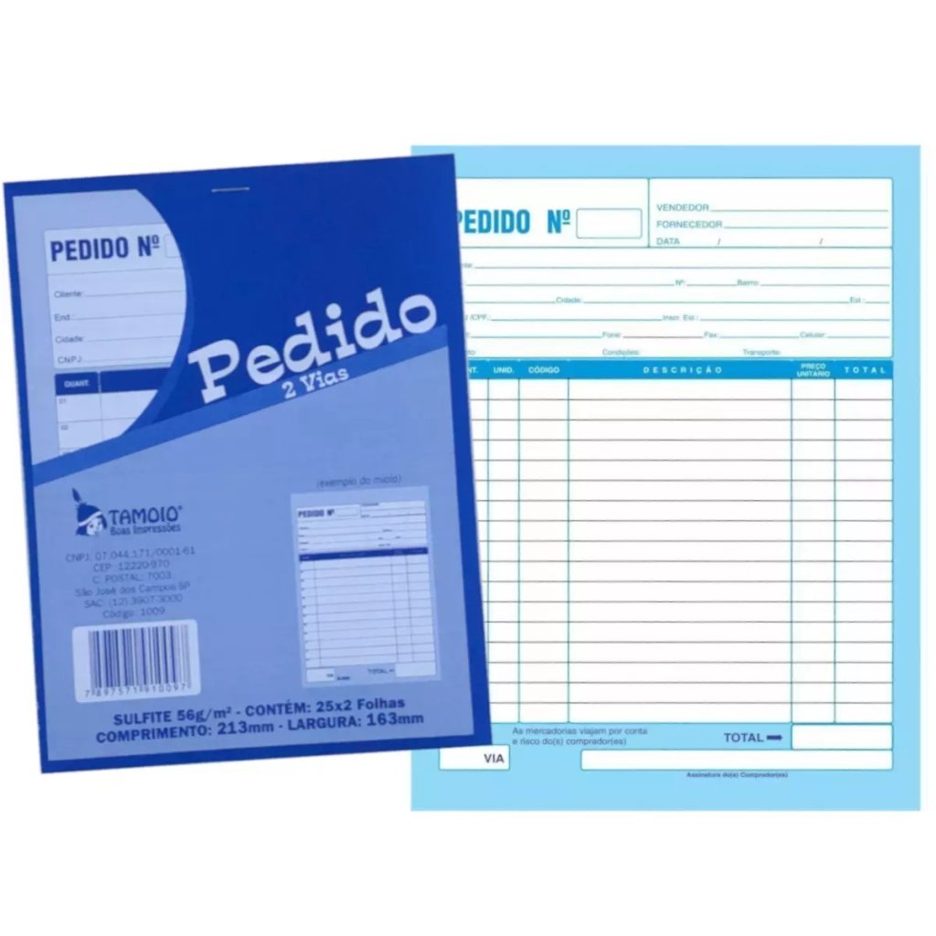 TALÃO DE PEDIDO (2 VIAS) - SULFITE 56G - CONTÉM: 25X2 FOLHAS - COMPRIMENTO: 213MM - LARGURA: 163MM