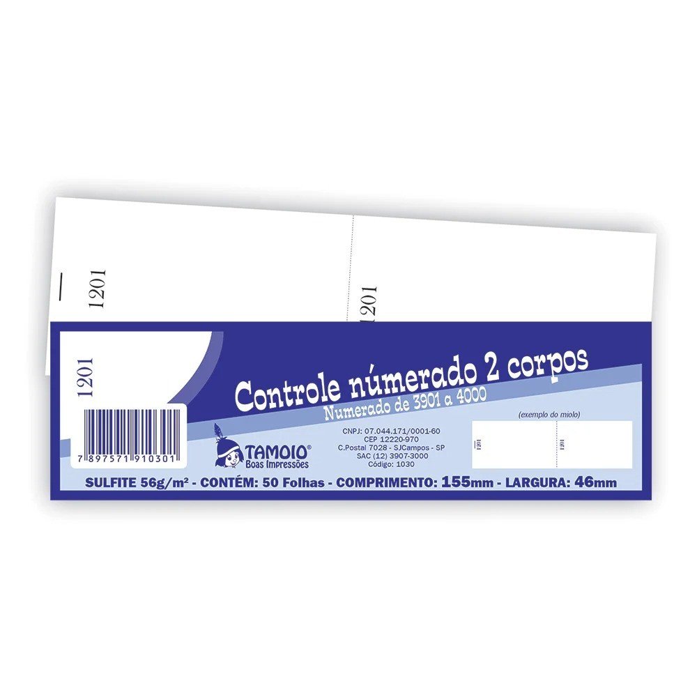 CONTROLE NUMERADO 2 CORPOS - NUMERADO DE 2301 A 2400 - SULFITE 56G - CONTÉM 100 FOLHAS - COMPRIMENTO: 155MM - LARGURA: 46MM