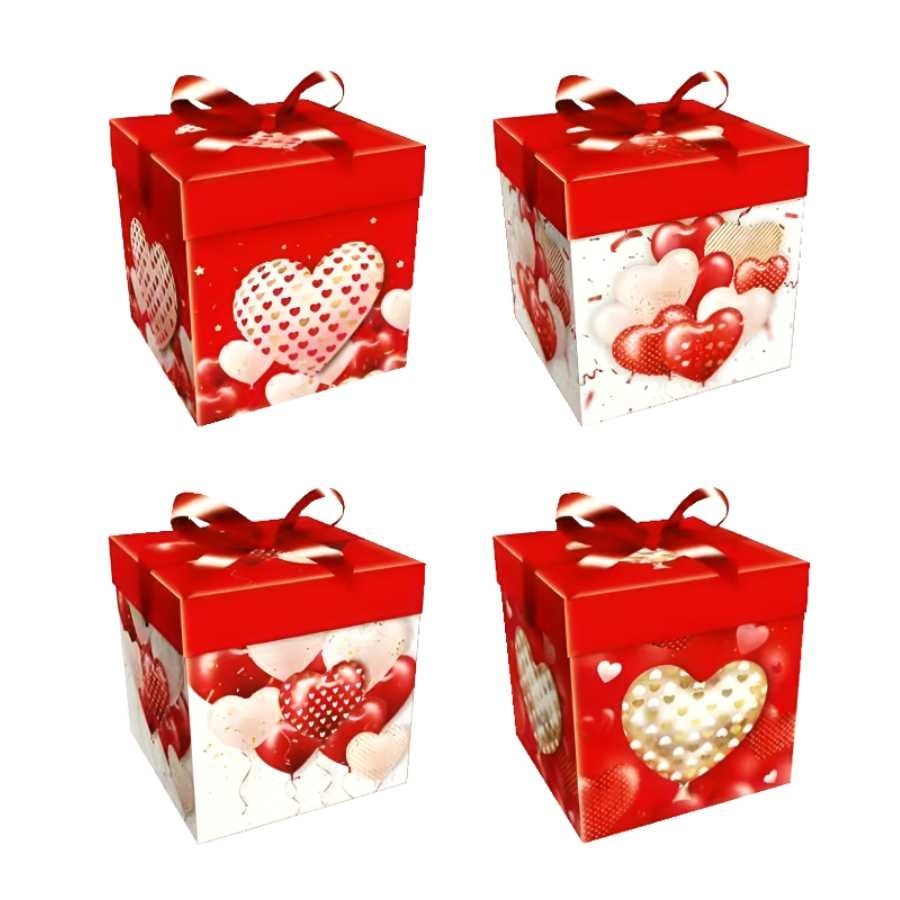 CAIXA DE PRESENTE DESMONTADA COM FITA E CORAÇÕES - 15CM X 15CM X 15CM