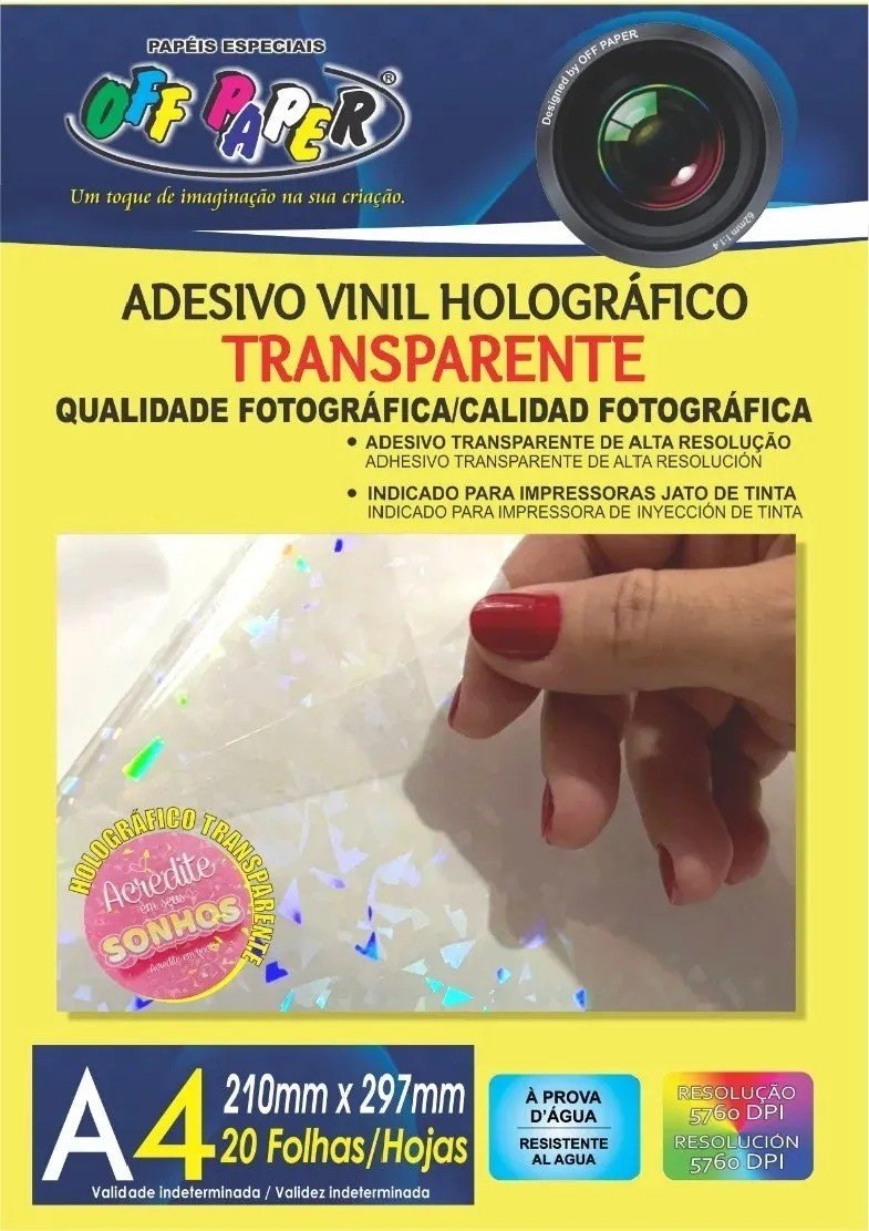 ADESIVO VINIL HOLOGRÁFICO TRANSPARENTE C/20 FLS  OFFPAPER