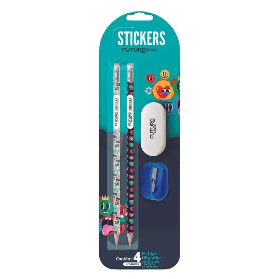 KIT LÁPIS + BORRACHA + APONTADOR - STICKERS