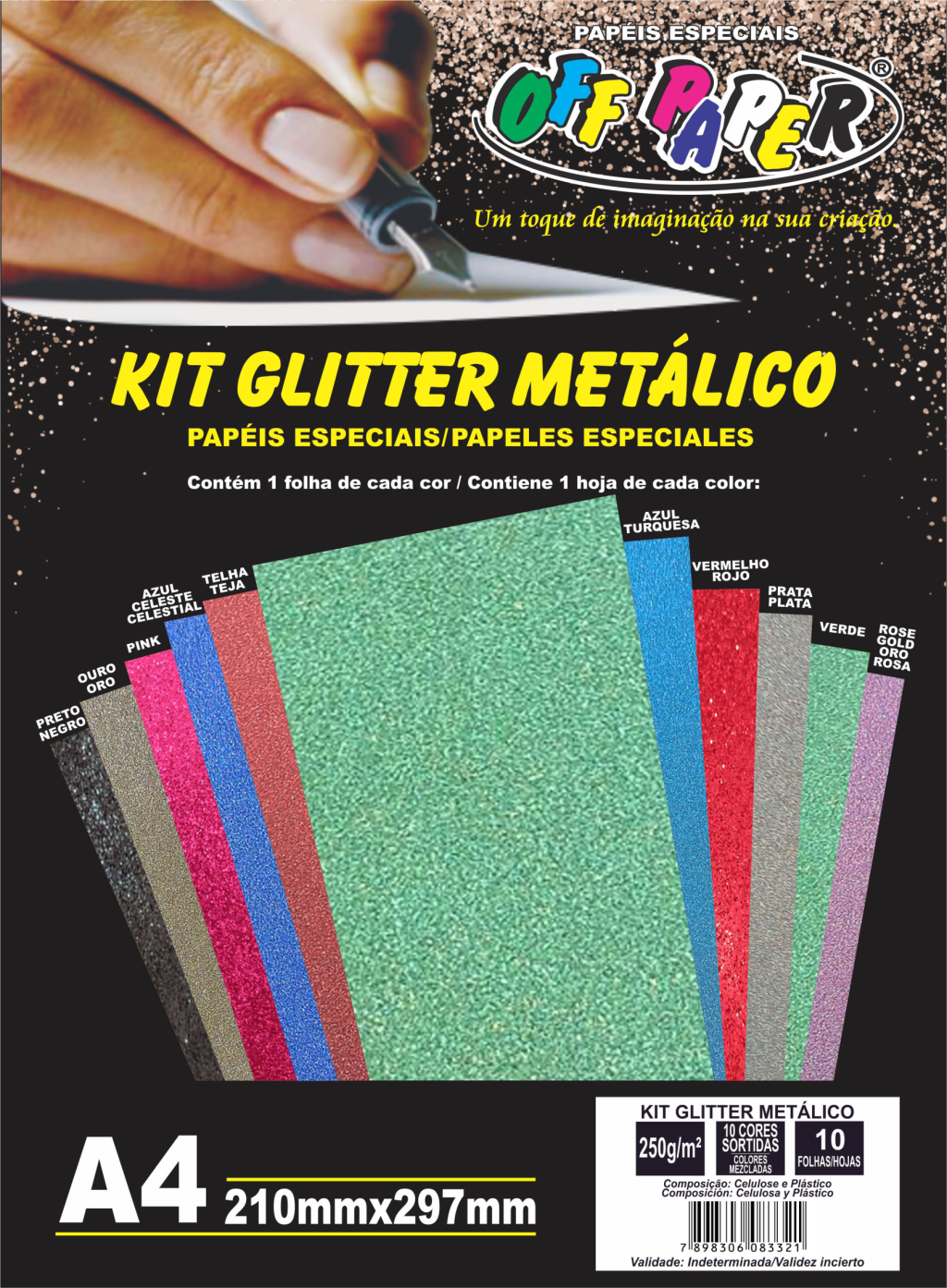 KIT PAPEL GLITTER METÁLICO 10 CORES 250G C/10 FOLHAS OFFPAPER