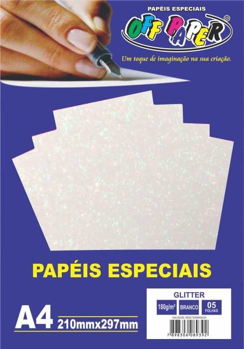 PAPEL GLITTER BRANCO 180G C/ 5 FOLHAS OFFPAPER