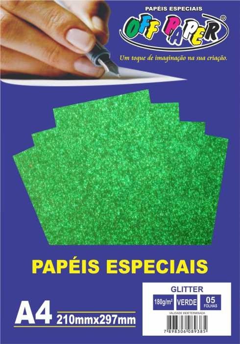 PAPEL GLITTER VERDE 180G C/ 5 FOLHAS OFFPAPER
