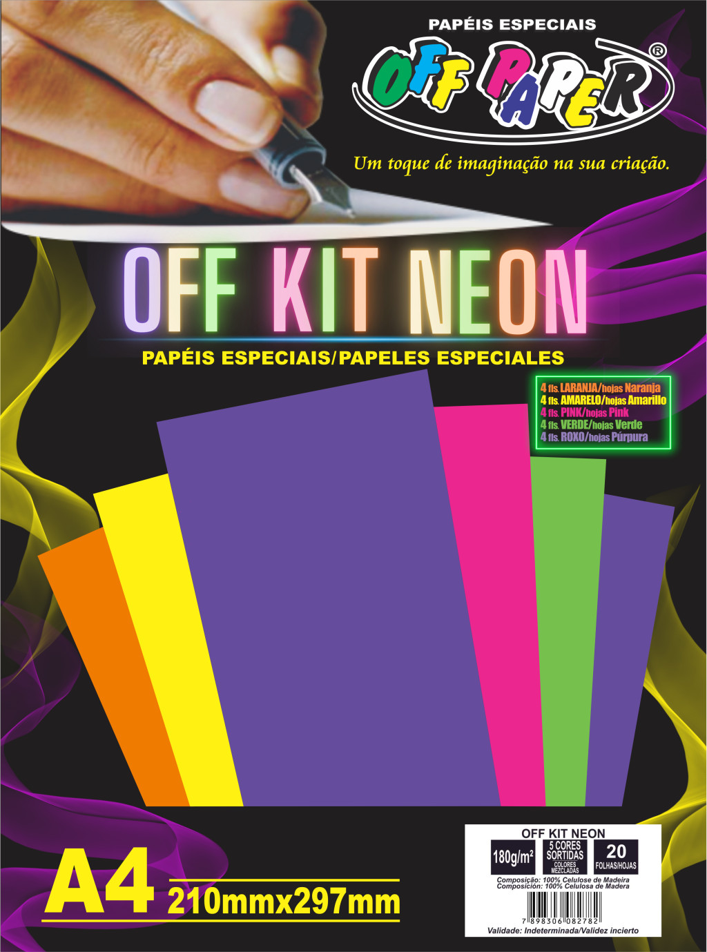 PAPEL OFF KIT NEON 5 CORES SORTIDAS 180G C/20 FOLHAS OFFPAPER
