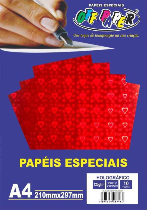 PAPEL HOLOGRÁFICO VERMELHO C/ CORAÇÃO 120G C/10 FOLHAS OFFPAPER