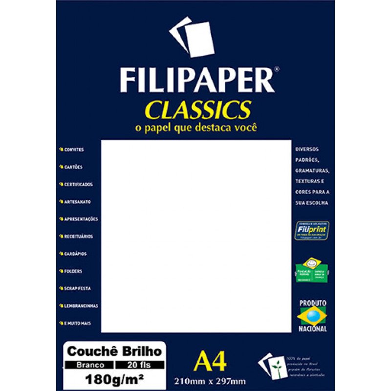 PAPEL COUCHÊ BRILHO BRANCO 180G C/50 FOLHAS FILIPAPER
