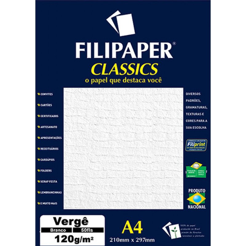 PAPEL VERGÊ BRANCO 120G C/50 FOLHAS FILIPAPER