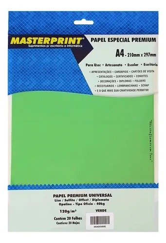 PAPEL COLOR PLUS VERDE 120G C/20 FOLHAS MASTERPRINT