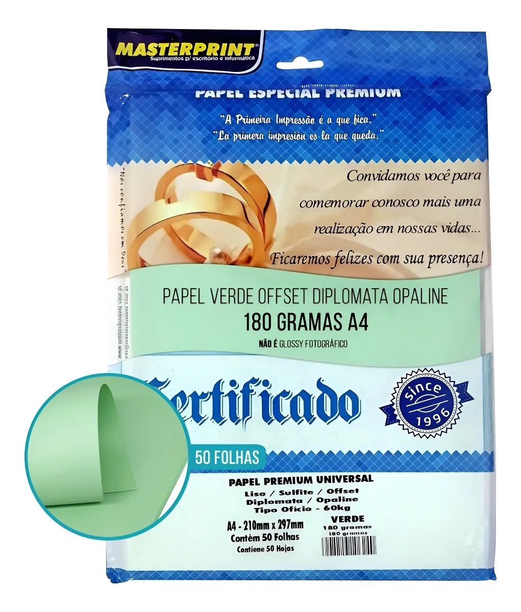 PAPEL COLOR PLUS VERDE 180G C/50 FOLHAS MASTERPRINT