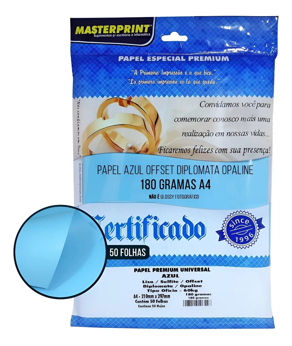 PAPEL COLOR PLUS AZUL 180G C/50 FOLHAS MASTERPRINT