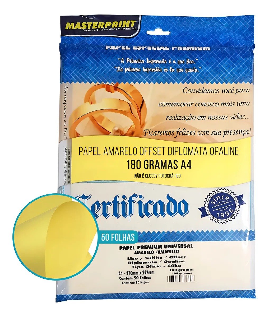 PAPEL COLOR PLUS AMARELO 180G C/50 FOLHAS MASTERPRINT