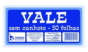 VALE SEM CANHOTO - SULFITE 56G - CONTÉM 50 FOLHAS - COMPRIMENTO: 130MM - LARGURA: 67MM