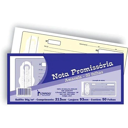 NOTA PROMISSÓRIA AMARELA - 50 FOLHAS - SULFITE 56G - COMPRIMENTO: 213MM - LARGURA: 93MM