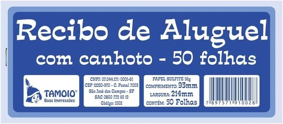 RECIBO COMERCIAL / COM CANHOTO - SULFITE 56G - COMPRIMENTO: 213MM - LARGURA: 93MM - CONTÉM: 50 FOLHAS