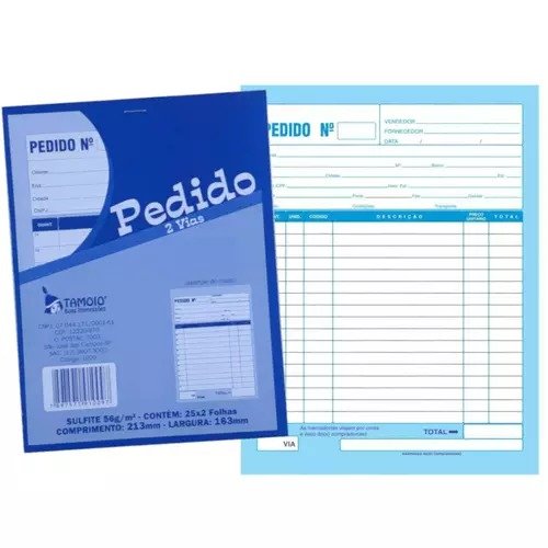 TALÃO DE PEDIDO (1 VIA) - SULFITE 56G - CONTÉM: 50 FOLHAS - COMPRIMENTO: 213MM - LARGURA: 163MM
