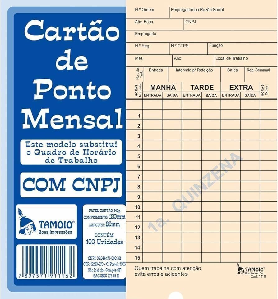 CARTÃO DE PONTO MENSAL COM CNPJ 180mm x 85MM C/100 FOLHAS