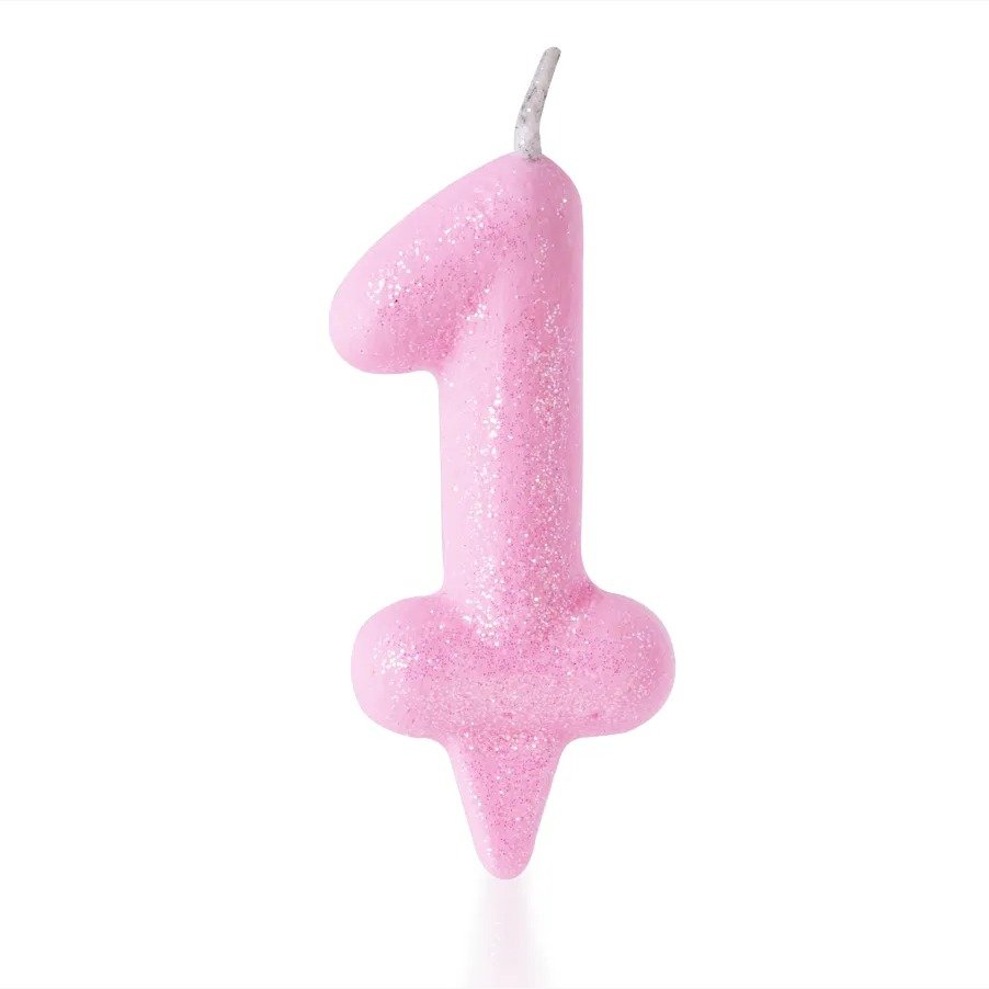 VELA DE ANIVERSÁRIO ROSA COM BRILHO (DO 0 AO 9)