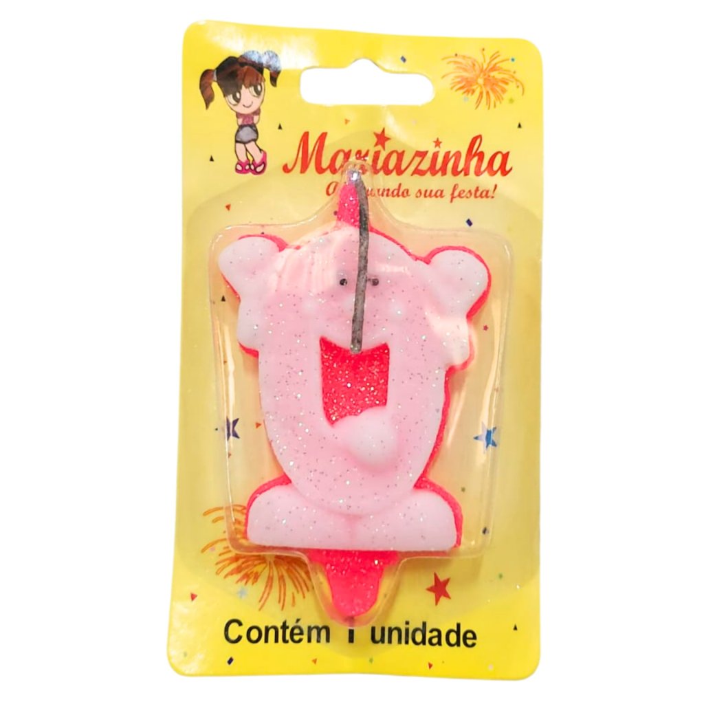 VELA DE ANIVERSÁRIO ROSA COM GLITTER E CARINHA (DO 0 AO 9)