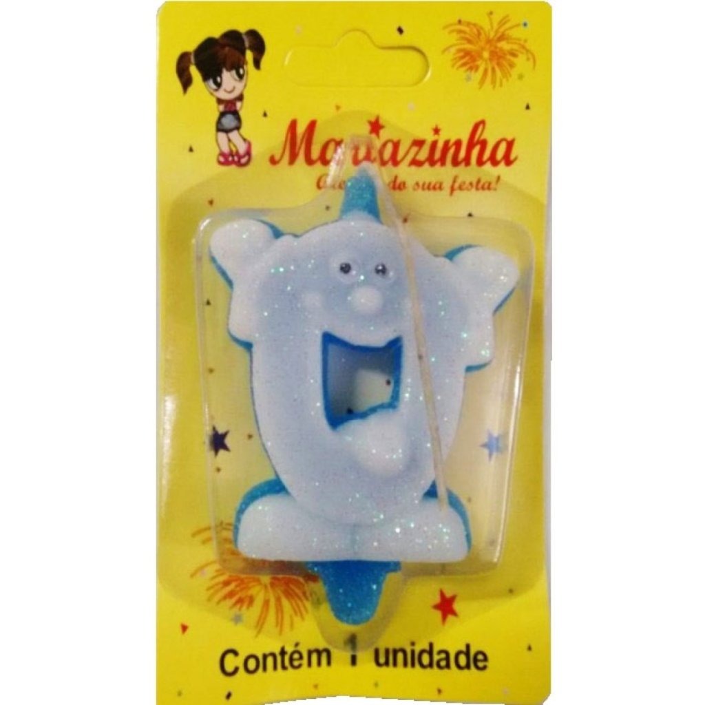 VELA DE ANIVERSÁRIO AZUL COM GLITTER E CARINHA (DO 0 AO 9)