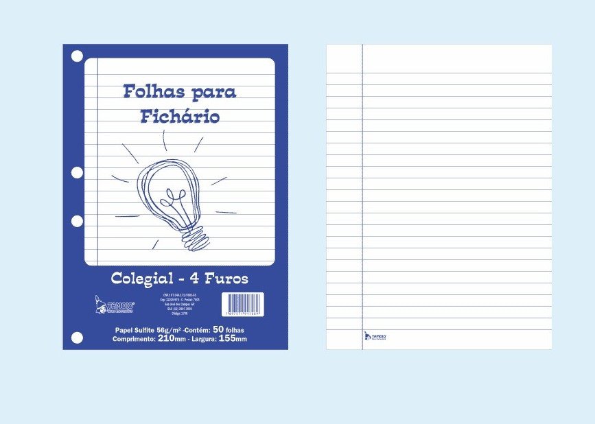 FOLHAS PARA FICHÁRIO COLEGIAL - 4 FUROS - 96 FOLHAS