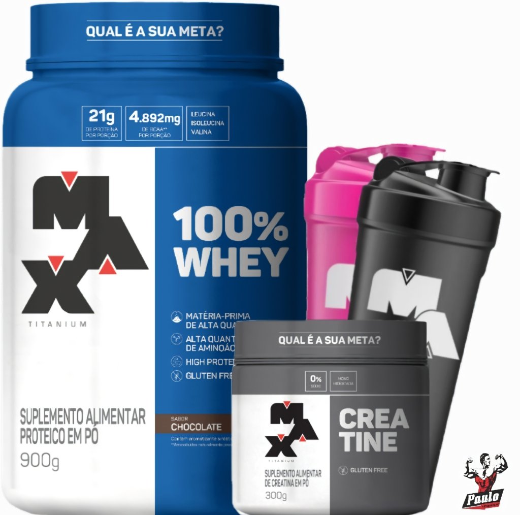 ✅FRETE-GRÁTIS 100% whey Pote 900g + Creatina Pura 300g (Max Titanium) + Coqueteleira Brinde 