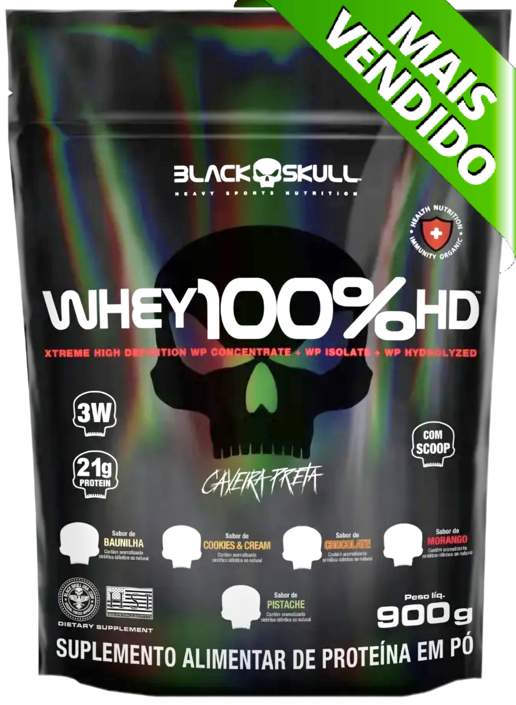 Whey 100% HD (Black Skull) 70%, 3W, Concentrado, Isolado e Hidrolisado do Leite