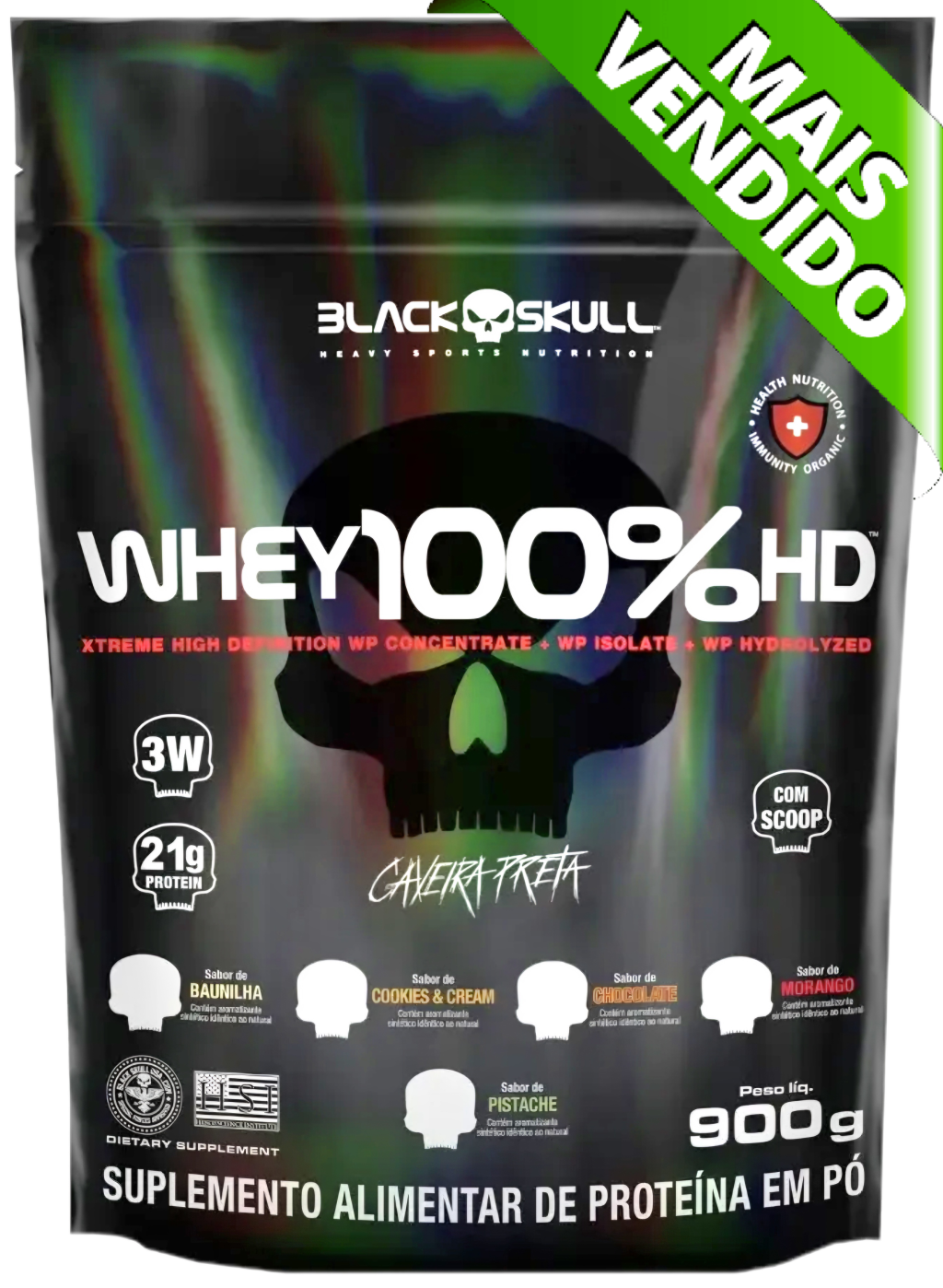 Whey 100% HD (Black Skull) 70%, 3W, Concentrado, Isolado e Hidrolisado do Leite