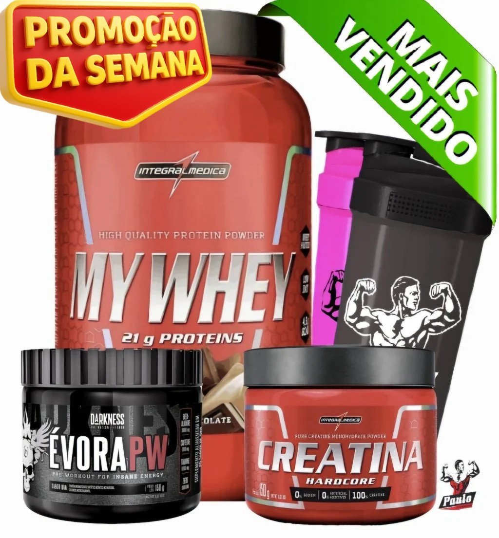 ✅FRETE-GRÁTIS MY Whey 900g + Creatina 150g Pura + Évora 150g (Integralmédica) + Coqueteleira Brinde