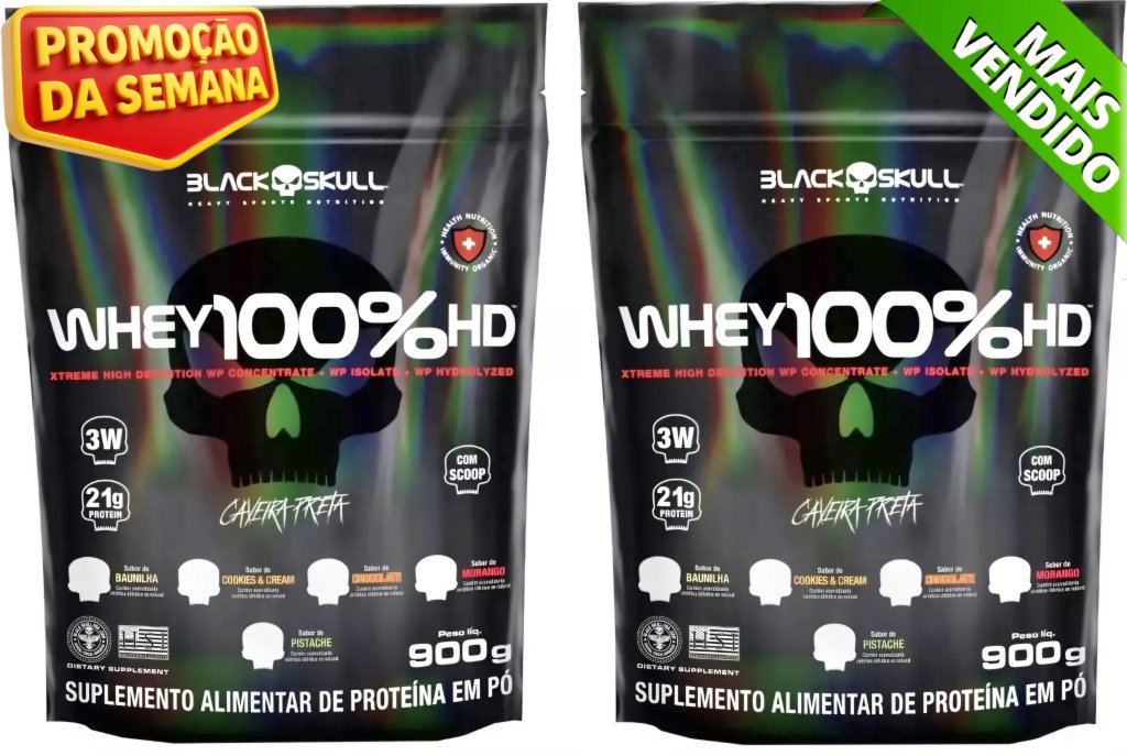 2 Whey 100% HD (Black Skull) 70%, 3W, Concentrado, Isolado e Hidrolisado do Leite