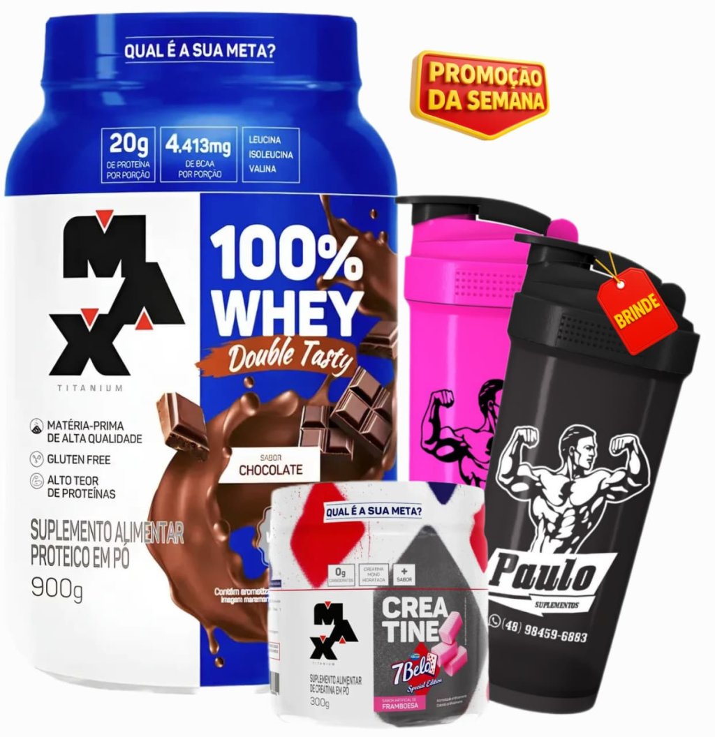 ✅FRETE-GRÁTIS 100% Whey Double Tasty Pote 900g + Creatina 300g 7 Belo  (Max Titanium) + Coqueteleira