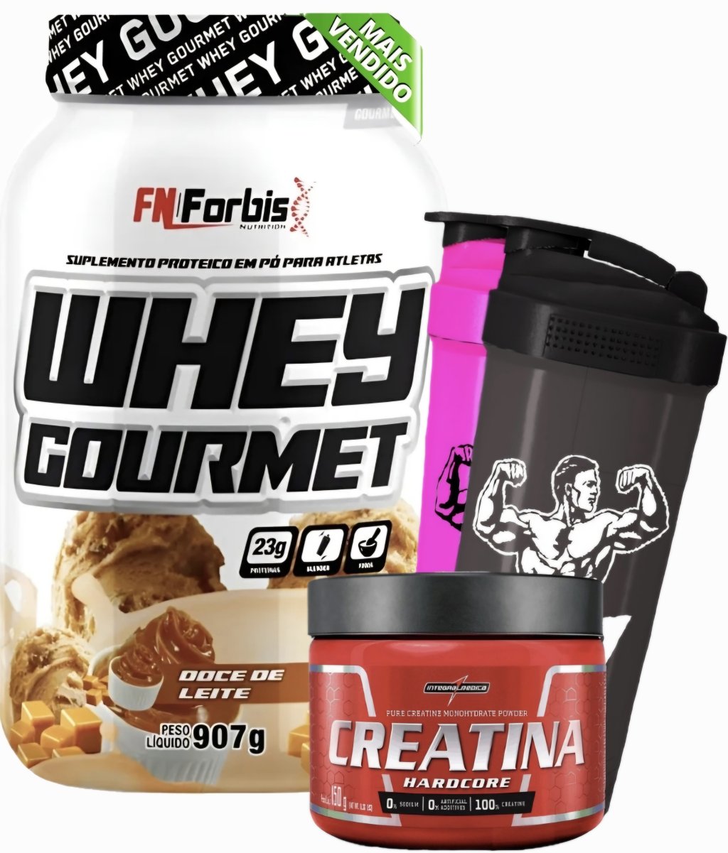 Whey Forbis 907g + Creatina Pura 150g Integralmédica + Coqueteleira Sortida de Brinde