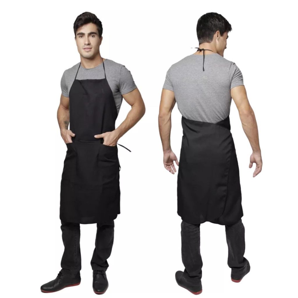 Avental em Oxford Longo Preto com Bolsos