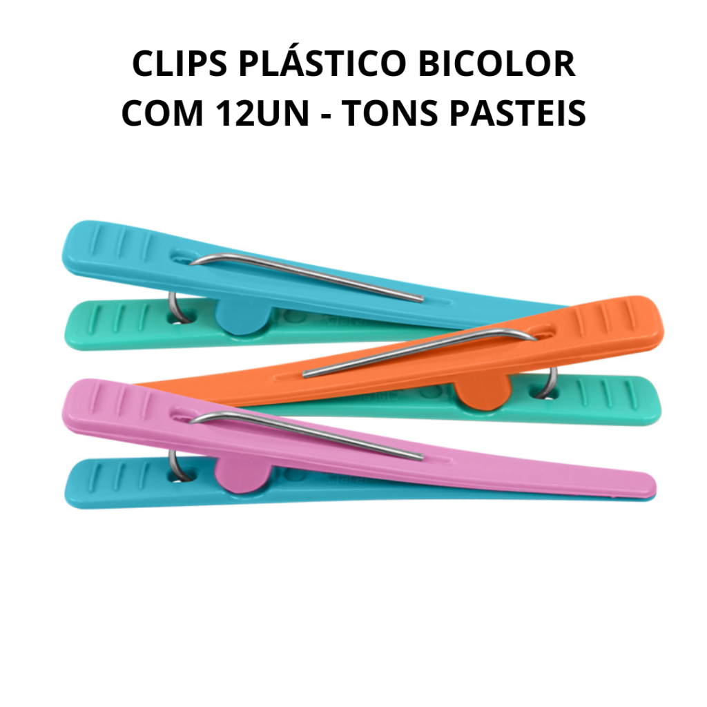 Clips Plástico Bicolor com 12 un Tons Pastéis 