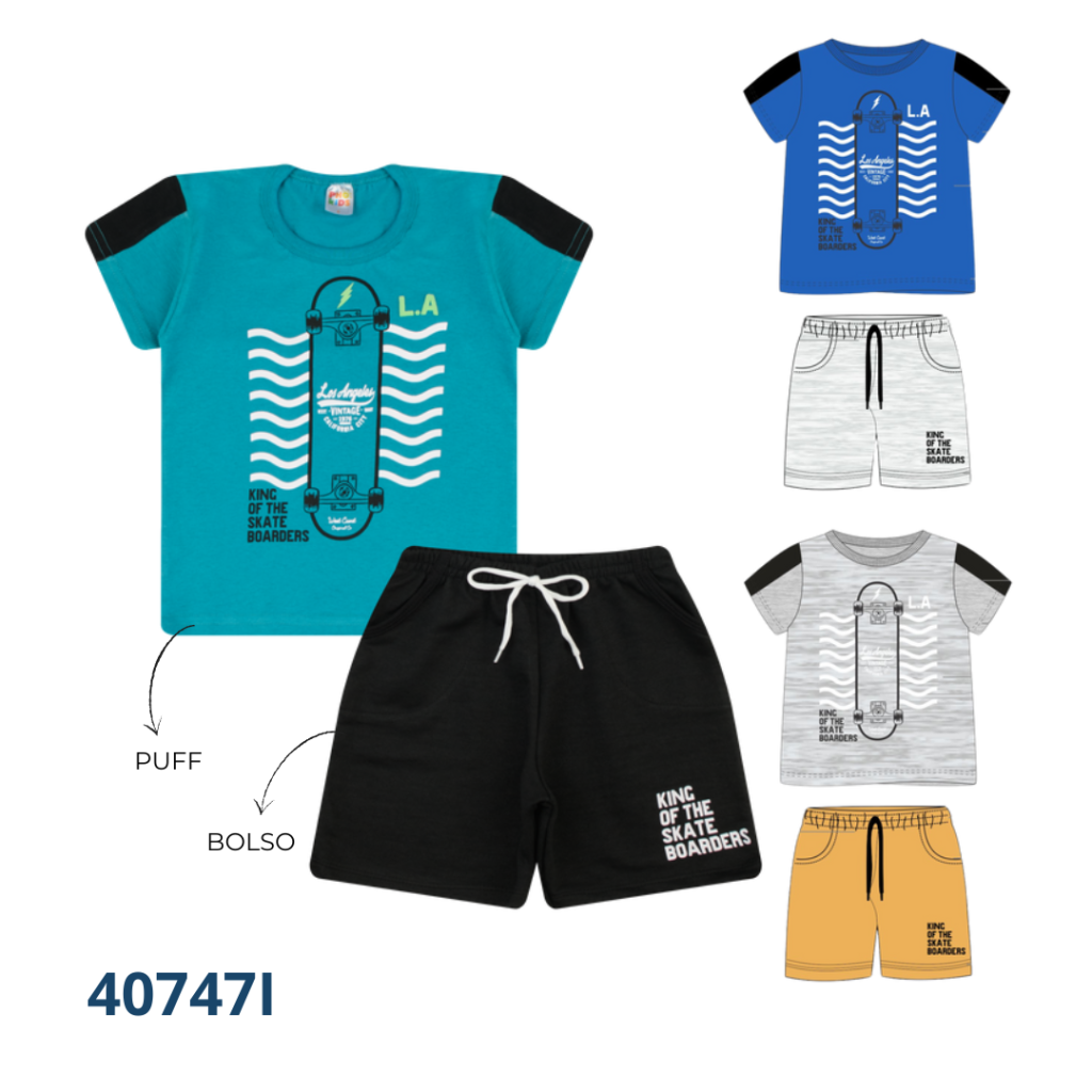 Kit 3 Conjuntos – Camiseta com Recorte e Bermuda com Bolso e Cadarço