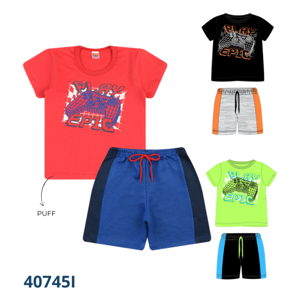 Kit 3 Conjuntos – Camiseta e Bermuda com Recorte e Cadarço