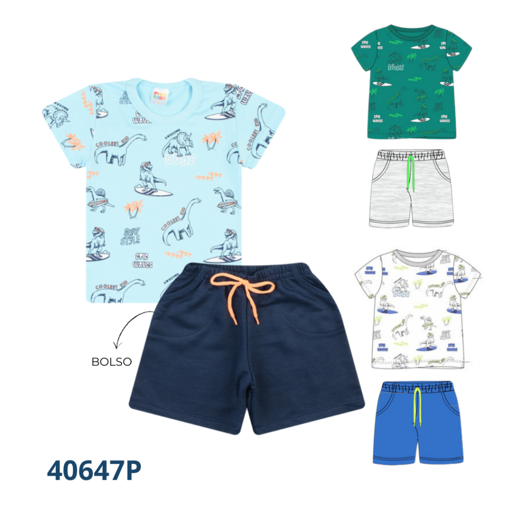 Kit 3 Conjuntos – Camiseta e Bermuda com Bolso e Cadarço