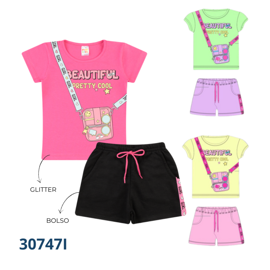 Kit 3 Conjuntos Blusa e Short com Bolso e Cadarço 