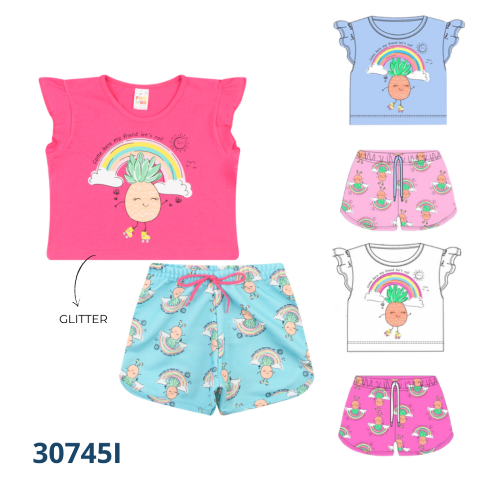Kit 3 Conjuntos Blusa Manga Babado e Short com Cadarço 