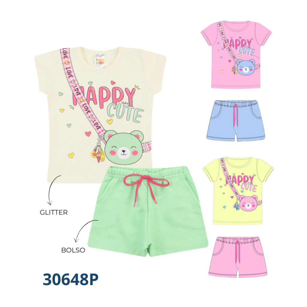 Kit 3 Conjuntos Blusa e Short com Bolso e Cadarço 