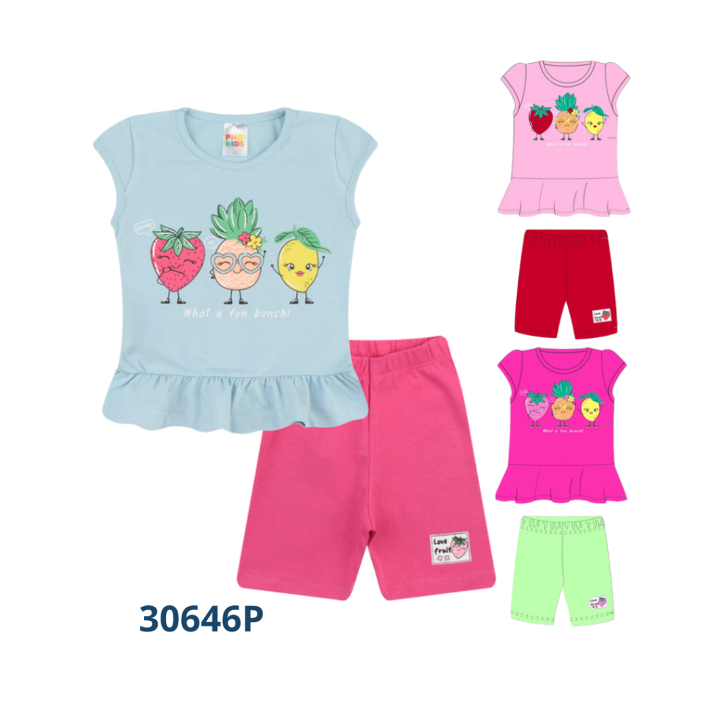 Kit 3 Conjuntos Blusa com Babado e Bermuda Estampada 
