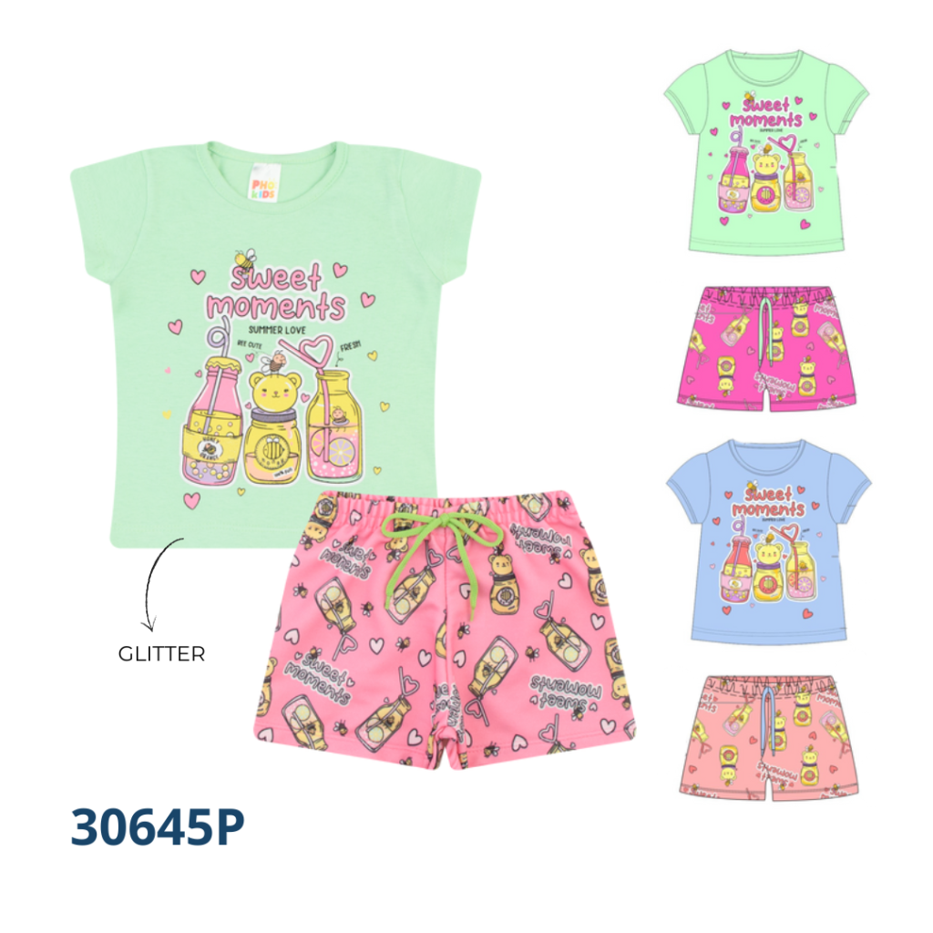 Kit 3 Conjuntos Blusa e Short Estampada com Cadarço 