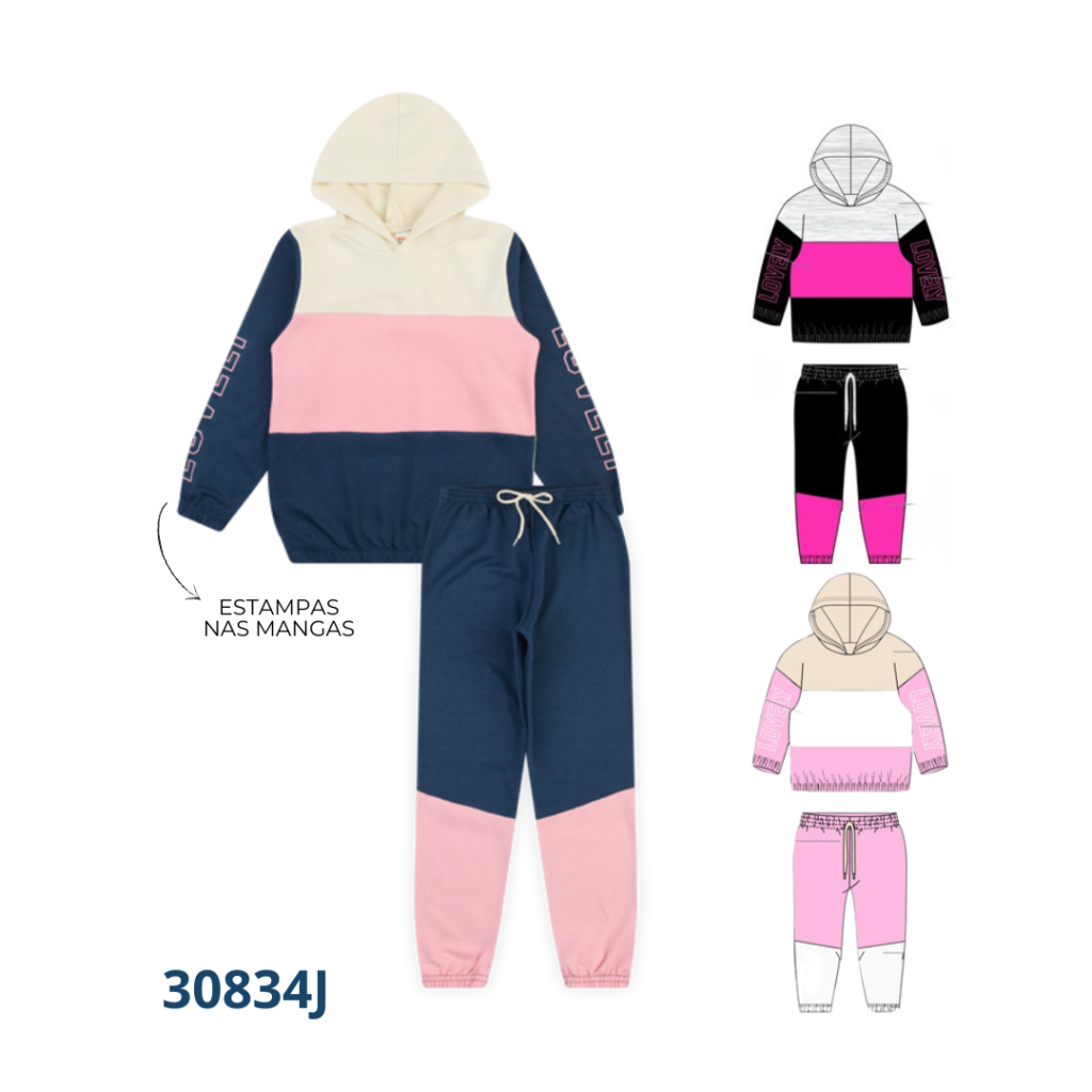 Kit 4 Conjuntos Blusão Capuz com Recorte e Calça com Cadarço