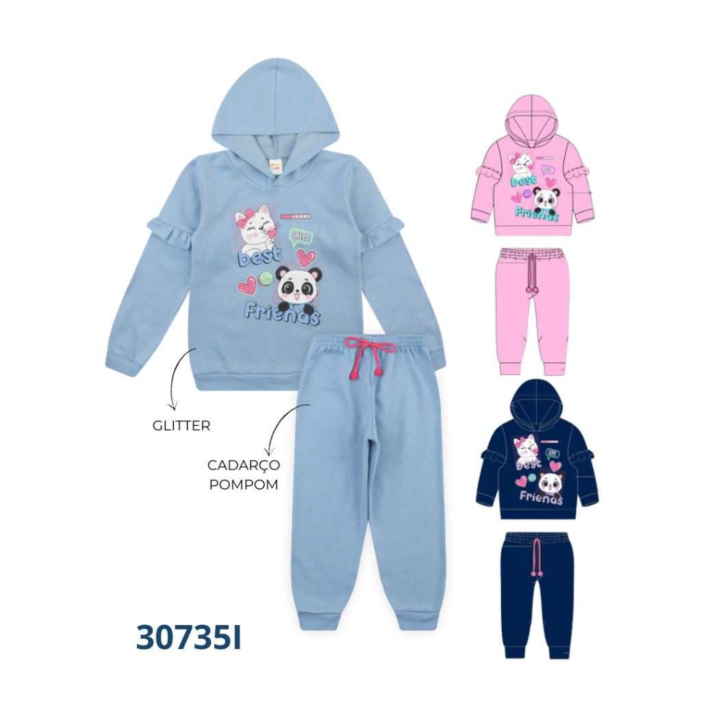 Kit 3 Conjuntos Blusão Capuz com Babado e Calça com Cadarço Pompom