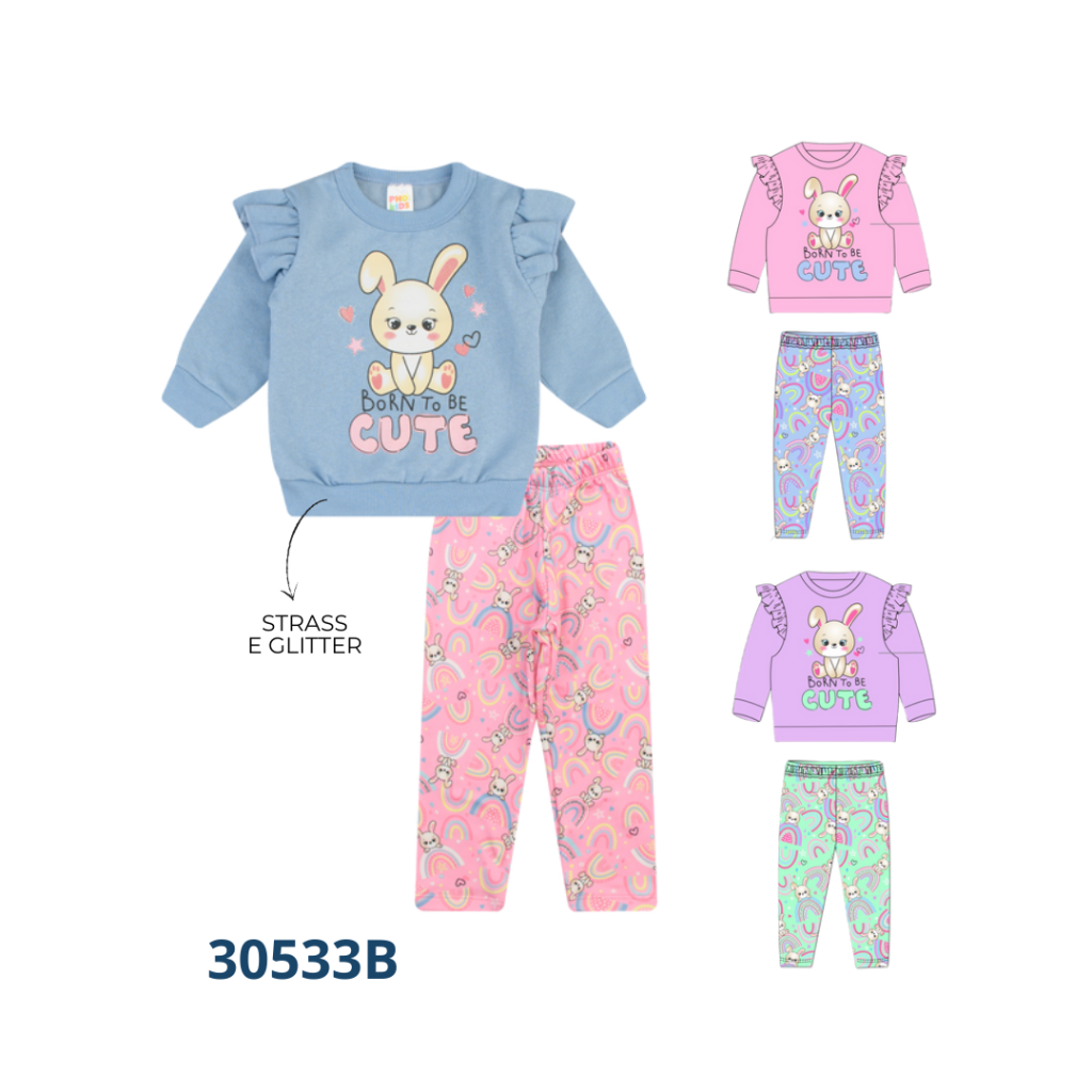 KIT 3 CONJUNTOS BLUSÃO COM BABADO E CALÇA ESTAMPADA
