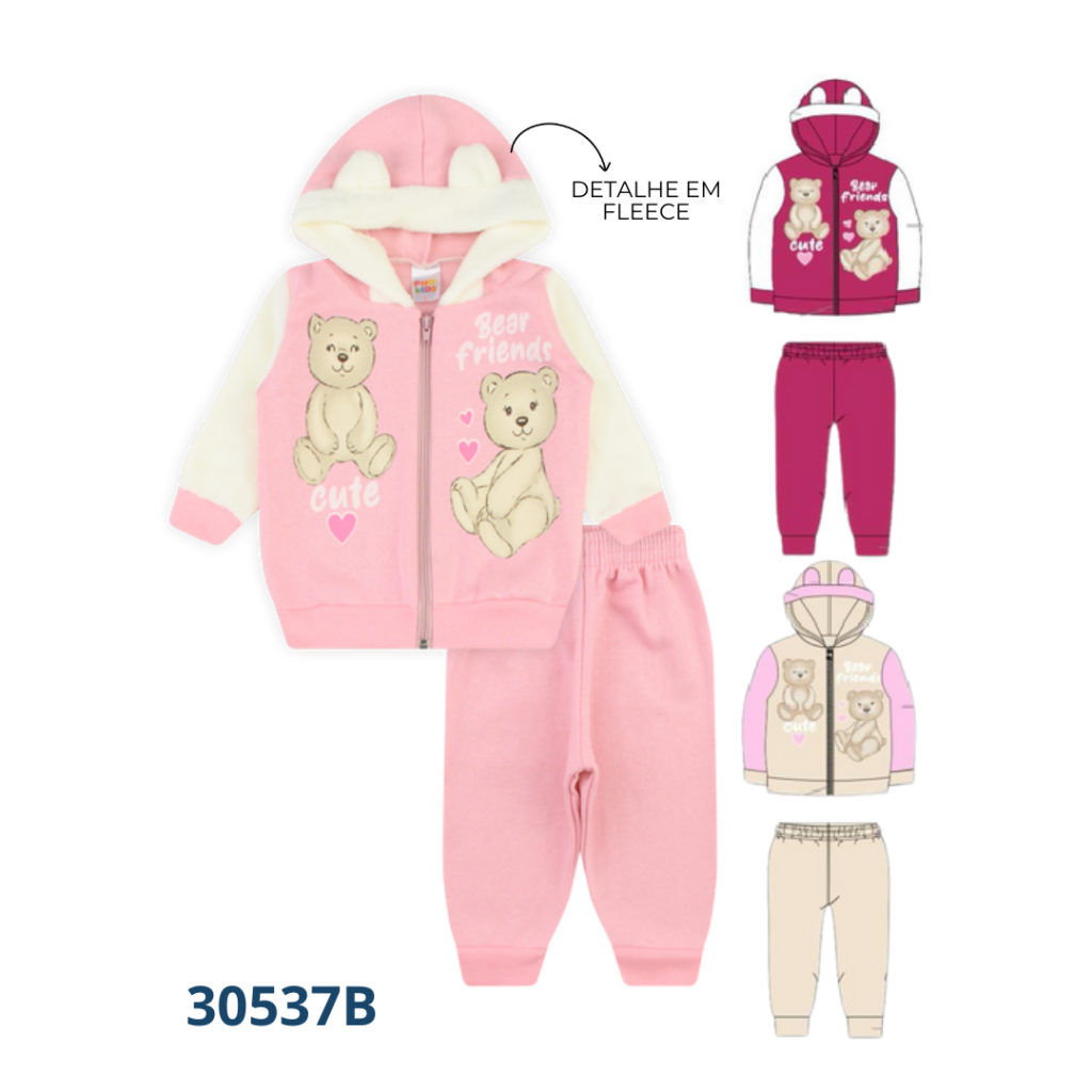 KIT 3 CONJUNTOS JAQUETA CAPUZ DETALHE INTERATIVO E CALÇA