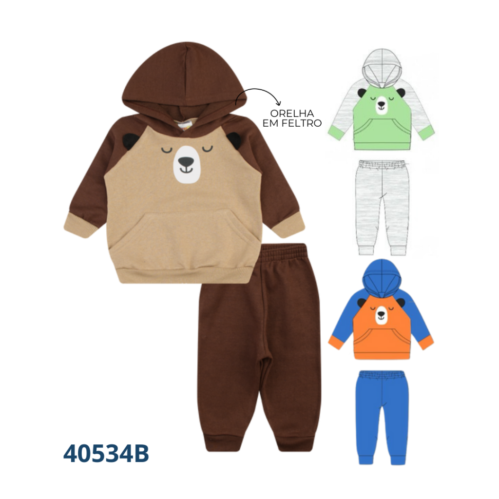 KIT 3 CONJUNTOS BLUSÃO CAPUZ DETALHE INTERATIVO BOLSO CANGURU E CALÇA