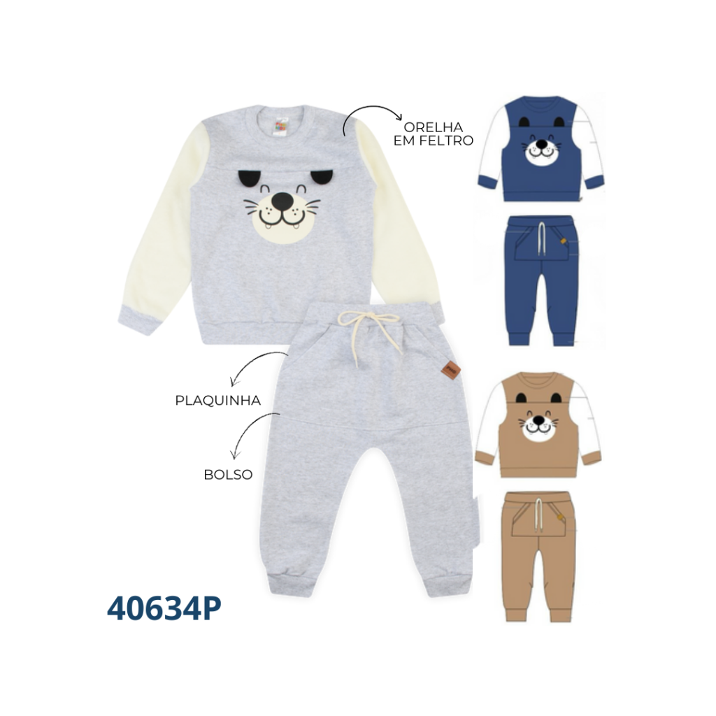 KIT 3 CONJUNTOS BLUSÃO DETALHE INTERATIVO E CALÇA COM BOLSO E CADARÇO